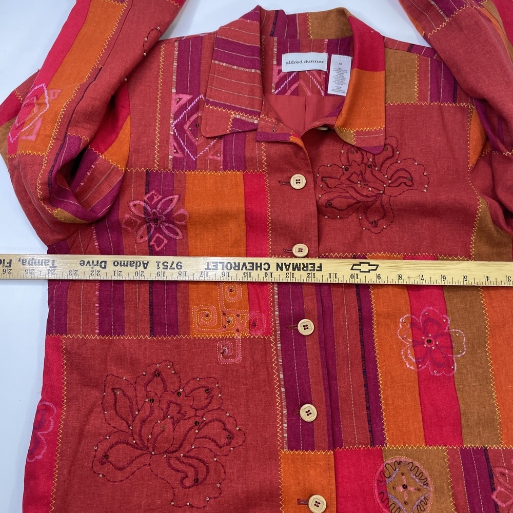 Alfred Dunner Jacket Womens 14 Red Patchwork Floral Embroidered Beaded LinBlend - Picture 3 of 8
